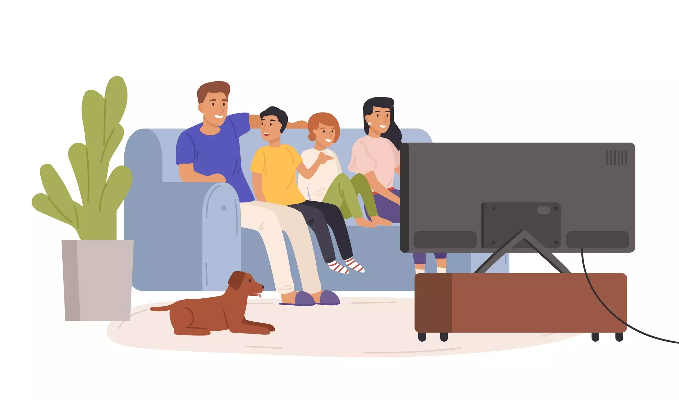 A family of four in front of a TV with a dog on the rug