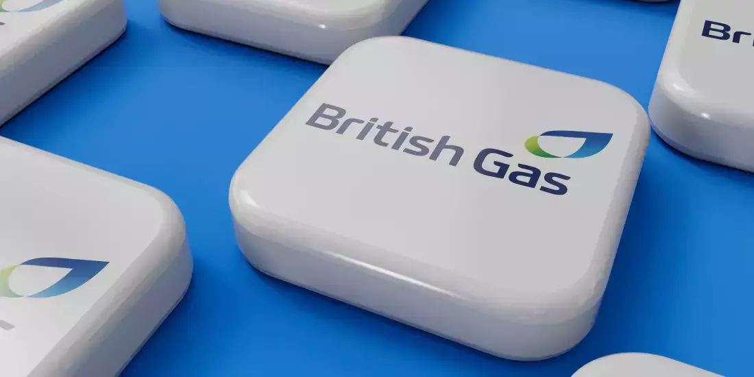 Square white badges with the British Gas logo on against a blue surface